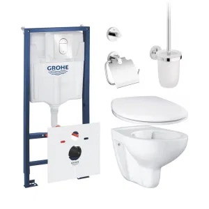 Готовый набор для туалета GROHE Bau Ceramic: унитаз подвесной, инсталляция GROHE Rapid SL с панелью Arena Cosmopolitan S, сиденье и аксессуары (NW0048) Готовый набор для туалета GROHE Bau Ceramic: унитаз подвесной, инсталляция GROHE Rapid SL с панелью Arena Cosmopolitan S, сиденье и аксессуары (NW0048)