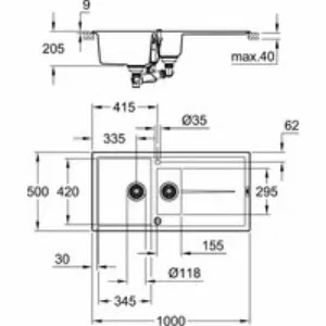 Мойка GROHE K400 с 1,5 чашей, 1000 x 500 мм, черный гранит (31642AP0) Мойка GROHE K400 с 1,5 чашей, 1000 x 500 мм, черный гранит (31642AP0)